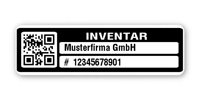 Inventaretiketten Material:Polyethylen-Folie hochglänzend weiß Größe:50x15mm Kopfzeile:"Ihr Wunschtext" Barcode:QR Stellenanzahl:11-stellig Menge:500
