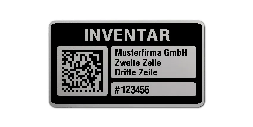 Inventaretiketten Material:Polyester-Folie Silberoptik matt Größe:45x25mm Kopfzeile:"Ihr Wunschtext" Barcode:DataMatrix Stellenanzahl:6-stellig Menge:100