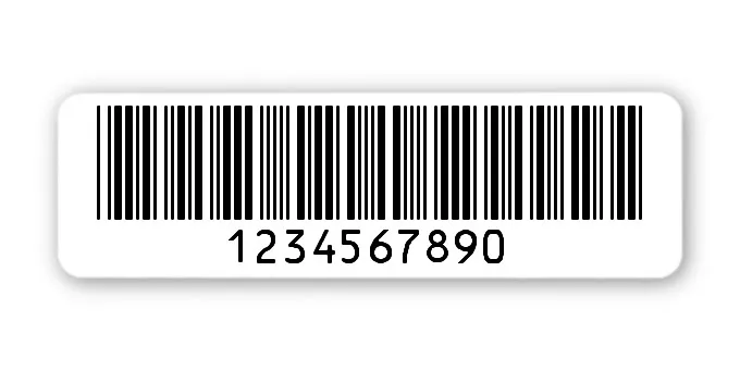 Archivierungsetiketten Material:Polyethylen-Folie hochglänzend weiß Größe:50x15mm Kopfzeile:"ohne" Barcode:Code 39 ohne Prüfziffer Stellenanzahl:10-stellig Menge:1000