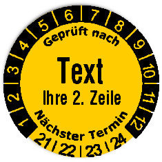 Produktbild:Datum Prüfetikett Material:Folie gelb Größe:Ø 20mm Kopfzeile:"Ihr Wunschtext" Barcode:ohne Stellenanzahl:ohne Ausführung:1 Etikett pro Nummer Etiketten je Rolle:900