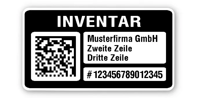 Inventaretiketten Material:Polyethylen-Folie hochglänzend weiß Größe:45x25mm Kopfzeile:"Ihr Wunschtext" Barcode:DataMatrix Stellenanzahl:15-stellig Menge:1000