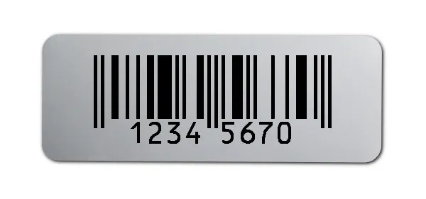 EAN Etiketten Material:Polyester-Folie Silberoptik matt Größe:40x15mm Kopfzeile:"ohne" Barcode:EAN 8 Stellenanzahl:8-stellig Menge:1000