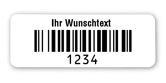 Prüfetiketten Material:Polyethylen-Folie hochglänzend weiß Größe:40x15mm Kopfzeile:"Ihr Wunschtext" Barcode:128B Stellenanzahl:4-stellig Ausführung:1 Etikette pro Nummer Menge:1000