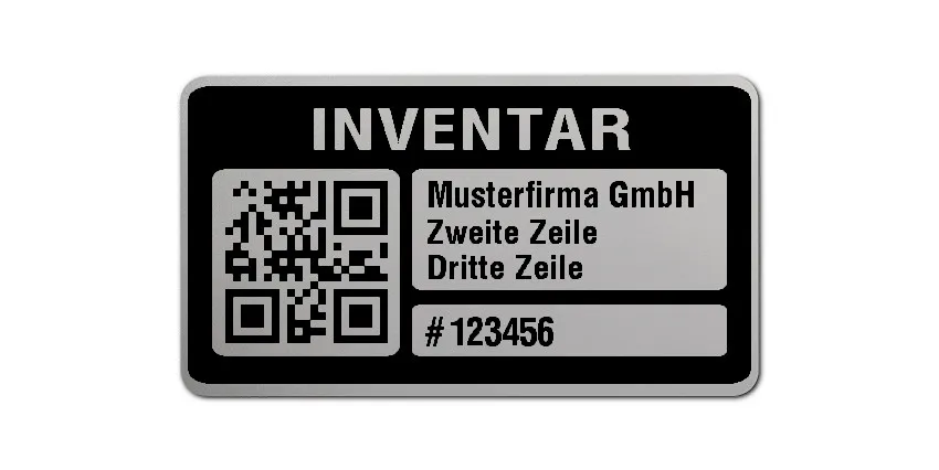 Inventaretiketten Material:Polyester-Folie Silberoptik matt Größe:45x25mm Kopfzeile:"Ihr Wunschtext" Barcode:QR Stellenanzahl:6-stellig Menge:500
