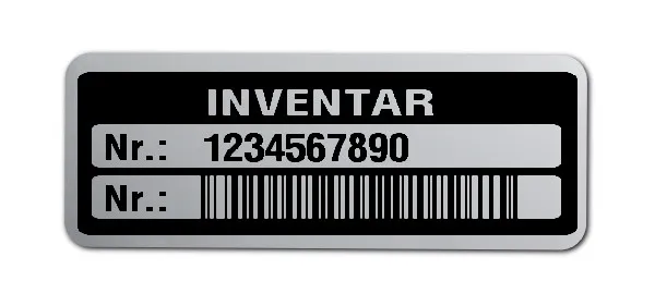 Inventaretiketten Material:Polyester-Folie Silberoptik matt Größe:40x15mm Kopfzeile:"Inventar" Barcode:128B Stellenanzahl:10-stellig Menge:100