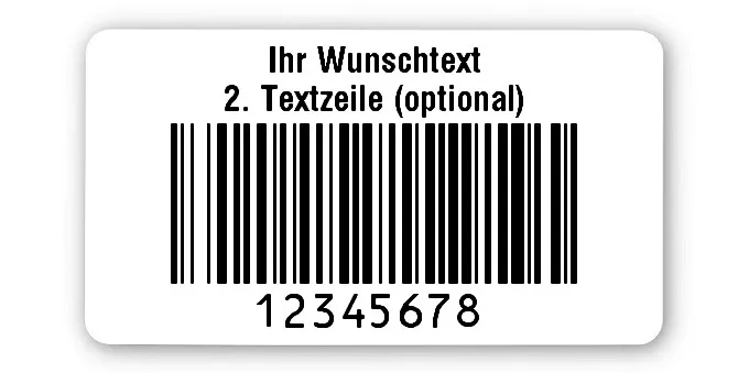 Prüfetiketten Material:Polyethylen-Folie hochglänzend weiß Größe:45x25mm Kopfzeile:"Ihr Wunschtext" Barcode:128B Stellenanzahl:8-stellig Ausführung:1 Etikette pro Nummer Menge:500