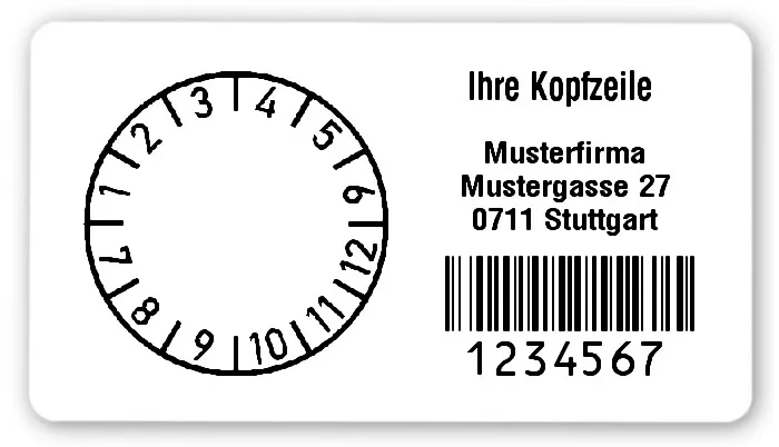 Prüfplakettenträger Material:Polyethylen-Folie hochglänzend weiß Größe:54x30mm Kopfzeile:"Ihr Wunschtext" Barcode:128B Stellenanzahl:7-stellig Ausführung:1 Etikette pro Nummer Menge:300