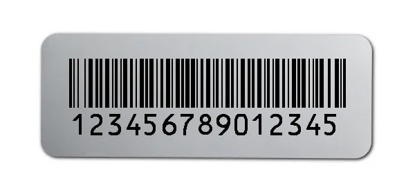 Universaletiketten Material:Polyester-Folie Silberoptik matt Größe:40x15mm Kopfzeile:"ohne" Barcode:128B Stellenanzahl:15-stellig Ausführung:1 Etikette pro Nummer Menge:100