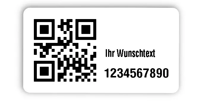 Inventaretiketten Universal Material:Polyethylen-Folie hochglänzend weiß Größe:45x25mm Kopfzeile:"Ihr Wunschtext" Barcode:QR Stellenanzahl:10-stellig Menge:1000