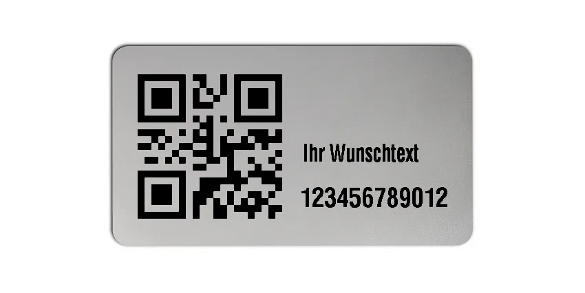 Inventaretiketten Universal Material:Polyester-Folie Silberoptik matt Größe:45x25mm Kopfzeile:"Ihr Wunschtext" Barcode:QR Stellenanzahl:12-stellig Menge:500