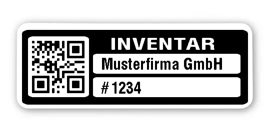 Inventaretiketten Material:Polyethylen-Folie hochglänzend weiß Größe:40x15mm Kopfzeile:"Ihr Wunschtext" Barcode:QR Stellenanzahl:4-stellig Menge:1000