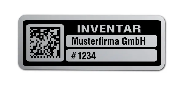 Inventaretiketten Material:Polyester-Folie Silberoptik matt Größe:40x15mm Kopfzeile:"Ihr Wunschtext" Barcode:DataMatrix Stellenanzahl:4-stellig Menge:500