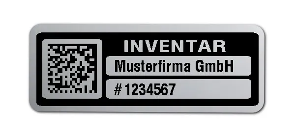 Inventaretiketten Material:Polyester-Folie Silberoptik matt Größe:40x15mm Kopfzeile:"Ihr Wunschtext" Barcode:DataMatrix Stellenanzahl:7-stellig Menge:1000