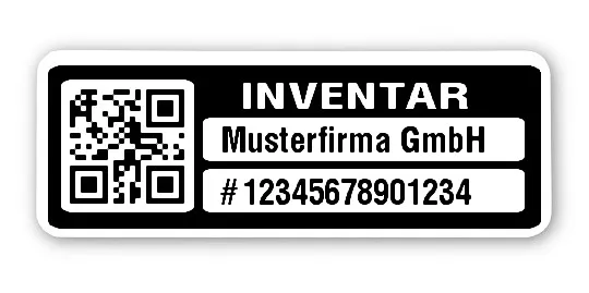 Inventaretiketten Material:Polyethylen-Folie hochglänzend weiß Größe:40x15mm Kopfzeile:"Ihr Wunschtext" Barcode:QR Stellenanzahl:14-stellig Menge:100