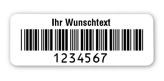 Inventaretiketten Universal Material:Folie weiß Größe:40x15mm Kopfzeile:"Ihr Wunschtext" Barcode:Code 39 ohne Prüfziffer Stellenanzahl:7-stellig Ausführung:1 Etikett pro Nummer Etiketten je Rolle:500