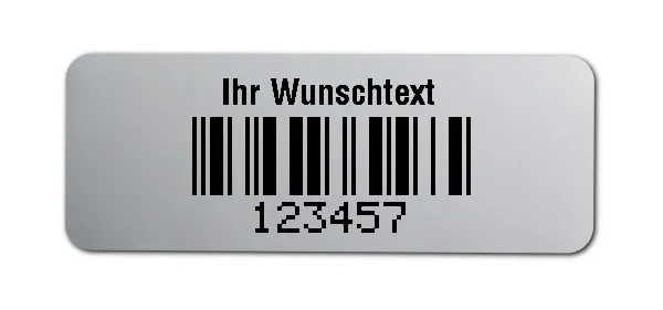 Universaletiketten Material:Polyester-Folie Silberoptik matt Größe:40x15mm Kopfzeile:"Ihr Wunschtext" Barcode:2a5 mit Prüfziffer Stellenanzahl:6-stellig Ausführung:1 Etikette pro Nummer Menge:100