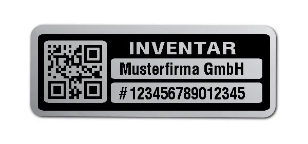 Inventaretiketten Material:Polyester-Folie Silberoptik matt Größe:40x15mm Kopfzeile:"Ihr Wunschtext" Barcode:QR Stellenanzahl:15-stellig Menge:100