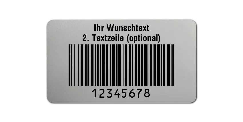 Prüfetiketten Material:Polyester-Folie Silberoptik matt Größe:45x25mm Kopfzeile:"Ihr Wunschtext" Barcode:128B Stellenanzahl:8-stellig Ausführung:1 Etikette pro Nummer Menge:1000