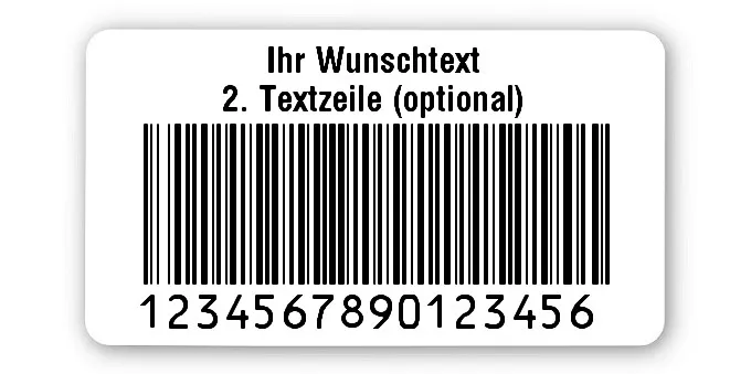 Prüfetiketten Material:Polyethylen-Folie hochglänzend weiß Größe:45x25mm Kopfzeile:"Ihr Wunschtext" Barcode:128B Stellenanzahl:16-stellig Ausführung:1 Etikette pro Nummer Menge:1000