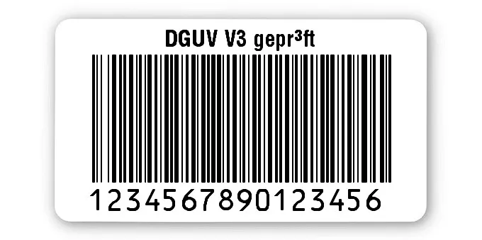 Prüfetiketten Material:Polyethylen-Folie hochglänzend weiß Größe:45x25mm Kopfzeile:"DGUV V3 geprüft" Barcode:128B Stellenanzahl:16-stellig Ausführung:1 Etikette pro Nummer Menge:1000