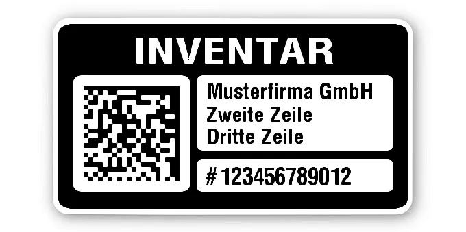 Inventaretiketten Material:Polyethylen-Folie hochglänzend weiß Größe:45x25mm Kopfzeile:"Ihr Wunschtext" Barcode:DataMatrix Stellenanzahl:12-stellig Menge:1000