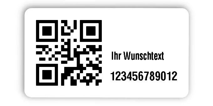 Inventaretiketten Universal Material:Polyethylen-Folie hochglänzend weiß Größe:45x25mm Kopfzeile:"Ihr Wunschtext" Barcode:QR Stellenanzahl:12-stellig Menge:100