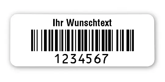 Prüfetiketten Material:Polyethylen-Folie hochglänzend weiß Größe:40x15mm Kopfzeile:"Ihr Wunschtext" Barcode:128B Stellenanzahl:7-stellig Ausführung:1 Etikette pro Nummer Menge:1000