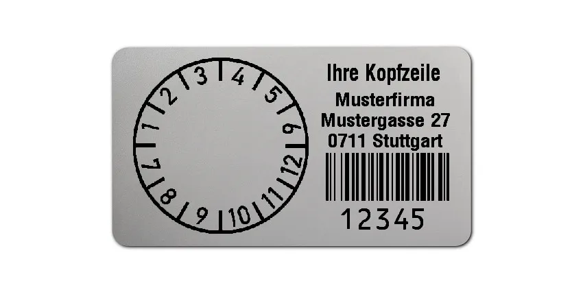 Prüfplakettenträger Material:Polyester-Folie Silberoptik matt Größe:45x25mm Kopfzeile:"Ihr Wunschtext" Barcode:128B Stellenanzahl:5-stellig Ausführung:1 Etikette pro Nummer Menge:300