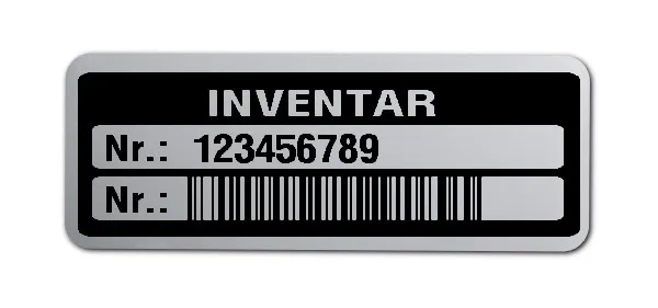 Inventaretiketten Material:Polyester-Folie Silberoptik matt Größe:40x15mm Kopfzeile:"Inventar" Barcode:128B Stellenanzahl:9-stellig Menge:1000