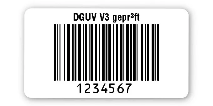 Prüfetiketten Material:Polyethylen-Folie hochglänzend weiß Größe:45x25mm Kopfzeile:"DGUV V3 geprüft" Barcode:128B Stellenanzahl:7-stellig Ausführung:1 Etikette pro Nummer Menge:1000
