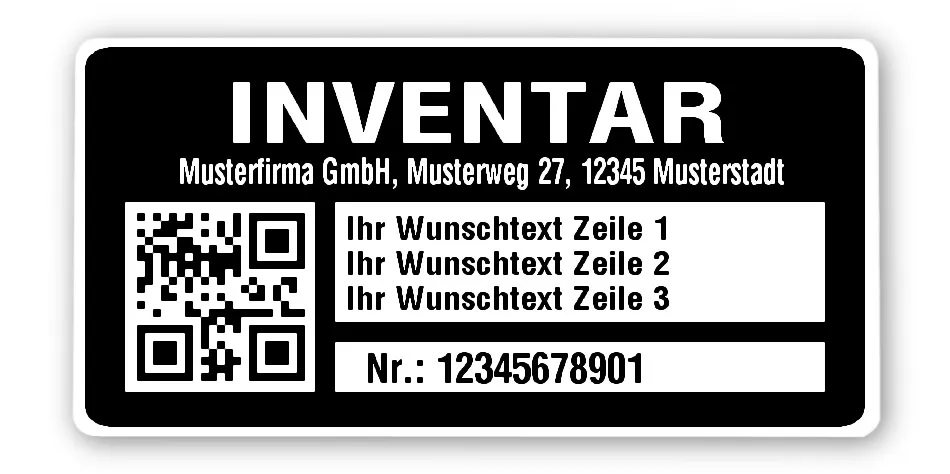 Inventaretiketten Material:Polyethylen-Folie hochglänzend weiß Größe:68x34mm Kopfzeile:"Ihr Wunschtext" Barcode:QR Stellenanzahl:11-stellig Menge:100