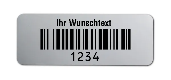 Prüfetiketten Material:Polyester-Folie Silberoptik matt Größe:40x15mm Kopfzeile:"Ihr Wunschtext" Barcode:128B Stellenanzahl:4-stellig Ausführung:1 Etikette pro Nummer Menge:500