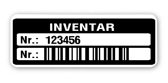 Inventaretiketten Material:Polyethylen-Folie hochglänzend weiß Größe:40x15mm Kopfzeile:"Inventar" Barcode:128C Stellenanzahl:6-stellig Menge:100