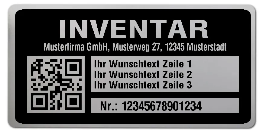 Inventaretiketten Material:Polyester-Folie Silberoptik matt Größe:68x34mm Kopfzeile:"Ihr Wunschtext" Barcode:QR Stellenanzahl:14-stellig Menge:500
