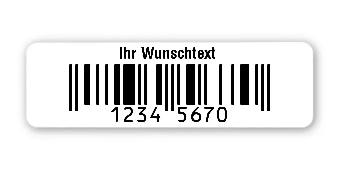 EAN Gutschein Etiketten Material:Polyethylen-Folie hochglänzend weiß Größe:50x15mm Kopfzeile:"Ihr Wunschtext" Barcode:EAN 8 Stellenanzahl:8-stellig Menge:500