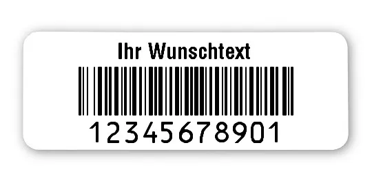 Prüfetiketten Material:Polyethylen-Folie hochglänzend weiß Größe:40x15mm Kopfzeile:"Ihr Wunschtext" Barcode:128B Stellenanzahl:11-stellig Ausführung:1 Etikette pro Nummer Menge:1000