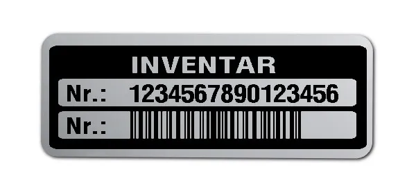 Inventaretiketten Material:Polyester-Folie Silberoptik matt Größe:40x15mm Kopfzeile:"Inventar" Barcode:128C Stellenanzahl:16-stellig Menge:100