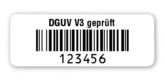 Prüfetiketten Material:Polyethylen-Folie hochglänzend weiß Größe:40x15mm Kopfzeile:"DGUV V3 geprüft" Barcode:128B Stellenanzahl:6-stellig Ausführung:1 Etikette pro Nummer Menge:1000