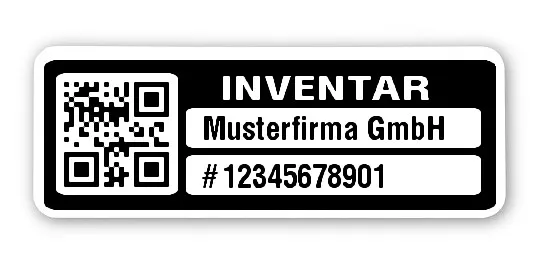 Inventaretiketten Material:Polyethylen-Folie hochglänzend weiß Größe:40x15mm Kopfzeile:"Ihr Wunschtext" Barcode:QR Stellenanzahl:11-stellig Menge:1000