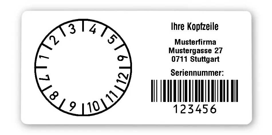 Prüfplakettenträger Material:Polyethylen-Folie hochglänzend weiß Größe:68x34mm Kopfzeile:"Ihr Wunschtext" Barcode:128B Stellenanzahl:6-stellig Ausführung:1 Etikette pro Nummer Menge:300