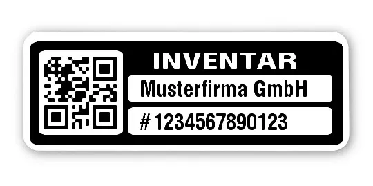 Inventaretiketten Material:Polyethylen-Folie hochglänzend weiß Größe:40x15mm Kopfzeile:"Ihr Wunschtext" Barcode:QR Stellenanzahl:13-stellig Menge:100