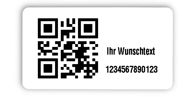 Inventaretiketten Universal Material:Polyethylen-Folie hochglänzend weiß Größe:45x25mm Kopfzeile:"Ihr Wunschtext" Barcode:QR Stellenanzahl:13-stellig Menge:100