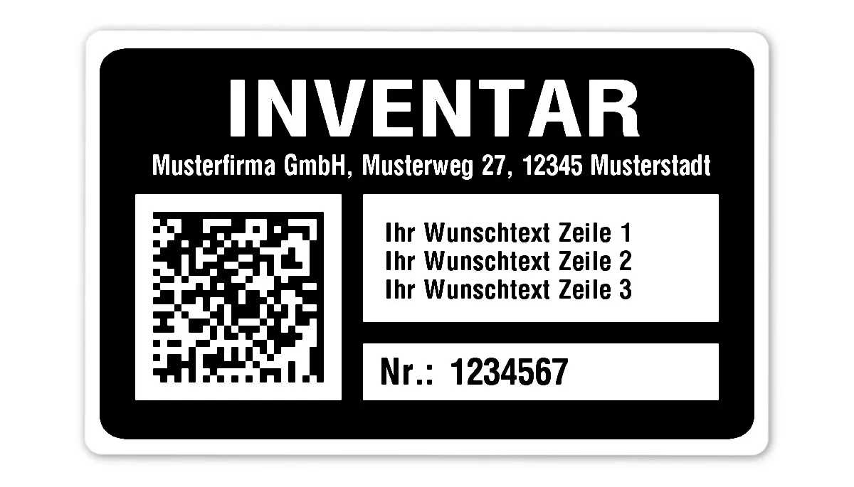 Inventaretiketten Material:Polyethylen-Folie hochglänzend weiß Größe:80x50mm Kopfzeile:"Ihr Wunschtext" Barcode:DataMatrix Stellenanzahl:7-stellig Menge:500