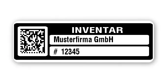 Inventaretiketten Material:Polyethylen-Folie hochglänzend weiß Größe:50x15mm Kopfzeile:"Ihr Wunschtext" Barcode:DataMatrix Stellenanzahl:5-stellig Menge:500