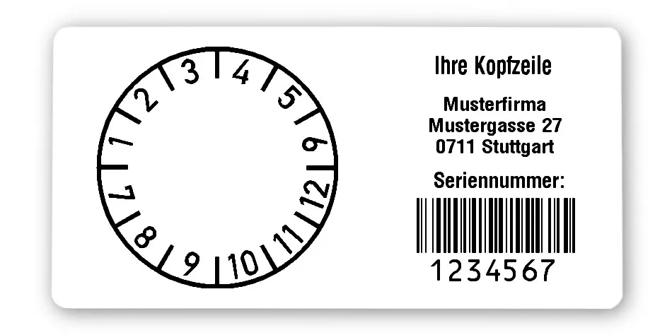 Prüfplakettenträger Material:Polyethylen-Folie hochglänzend weiß Größe:68x34mm Kopfzeile:"Ihr Wunschtext" Barcode:128B Stellenanzahl:7-stellig Ausführung:1 Etikette pro Nummer Menge:300