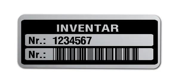 Inventaretiketten Material:Polyester-Folie Silberoptik matt Größe:40x15mm Kopfzeile:"Inventar" Barcode:Code 39 ohne Prüfziffer Stellenanzahl:7-stellig Menge:1000