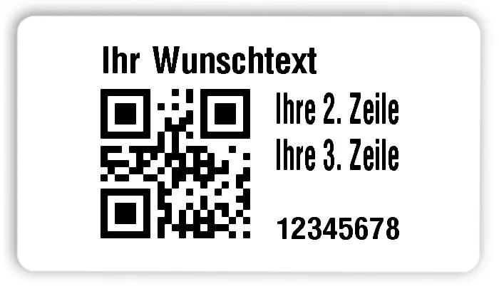 Universaletiketten Material:Folie hochglänzend weiß Größe:54x30mm Kopfzeile:"Ihr Wunschtext" Barcode:QR Stellenanzahl:8-stellig Ausführung:3 Etiketten pro Nummer Menge:300