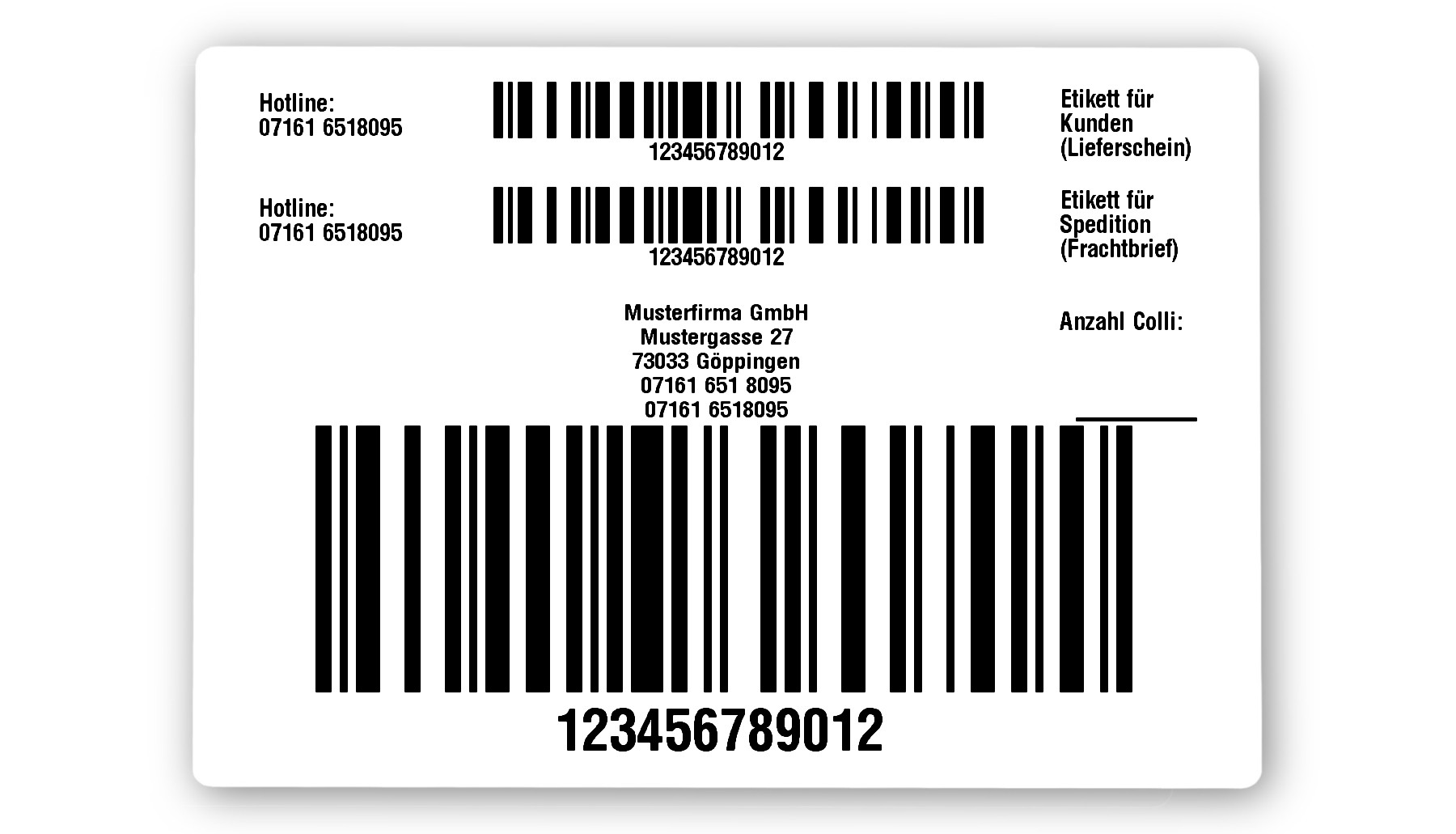 HU Etiketten Material:Papier Größe:103x74mm Kopfzeile:"Ihr Wunschtext" Barcode:128C Stellenanzahl:12-stellig Menge:300