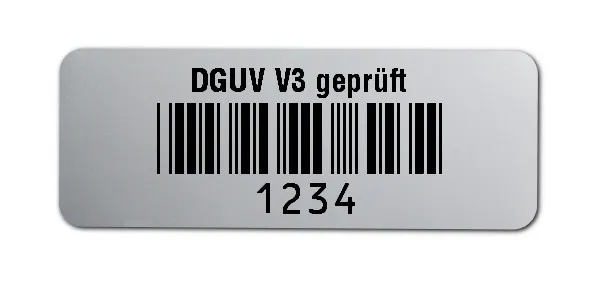 Prüfetiketten Material:Polyester-Folie Silberoptik matt Größe:40x15mm Kopfzeile:"DGUV V3 geprüft" Barcode:Code 39 ohne Prüfziffer Stellenanzahl:4-stellig Ausführung:1 Etikette pro Nummer Menge:1000