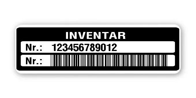 Inventaretiketten Material:Polyethylen-Folie hochglänzend weiß Größe:50x15mm Kopfzeile:"Inventar" Barcode:Code 39 ohne Prüfziffer Stellenanzahl:12-stellig Menge:100
